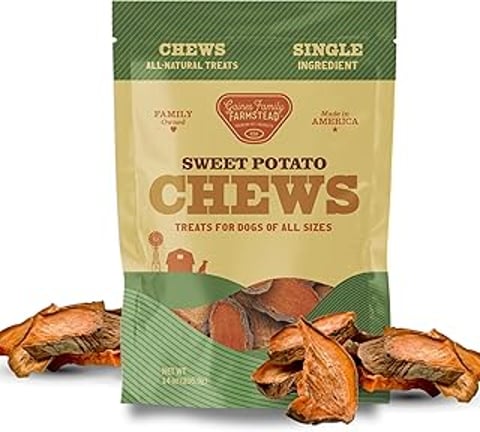 A bag of Gaines Family Farmstead Sweet Potato Chews.