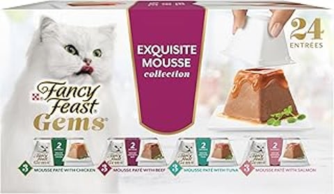 A cat food variety pack includes mousse and wet cat food.