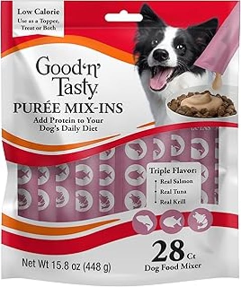 A bag of Good 'n' Tasty Triple Flavor Puree.
