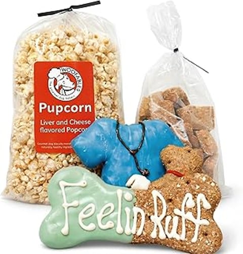A bag of puppy corn and a bag of puppy treats.