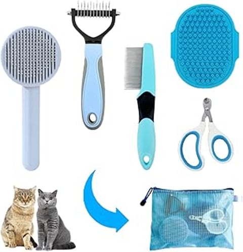 Grooming Brush Kit - 5pcs for Shedding & Matted Fur, Self-Cleaning with Flea Comb for Indoor Long-Haired Cats.