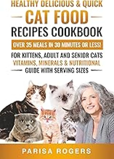 A woman is holding a cat food cookbook.