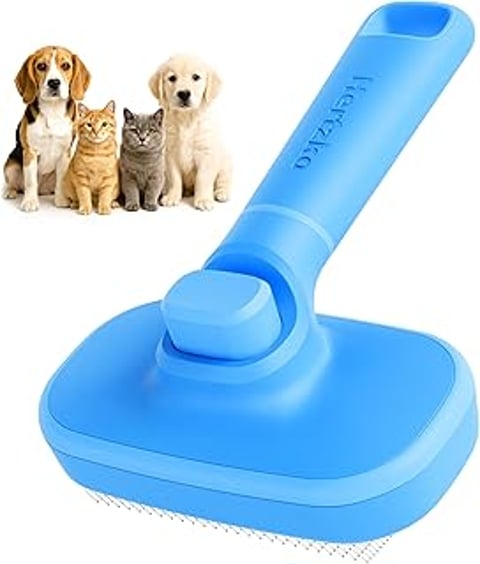 A blue brush with a cat and a dog on it.