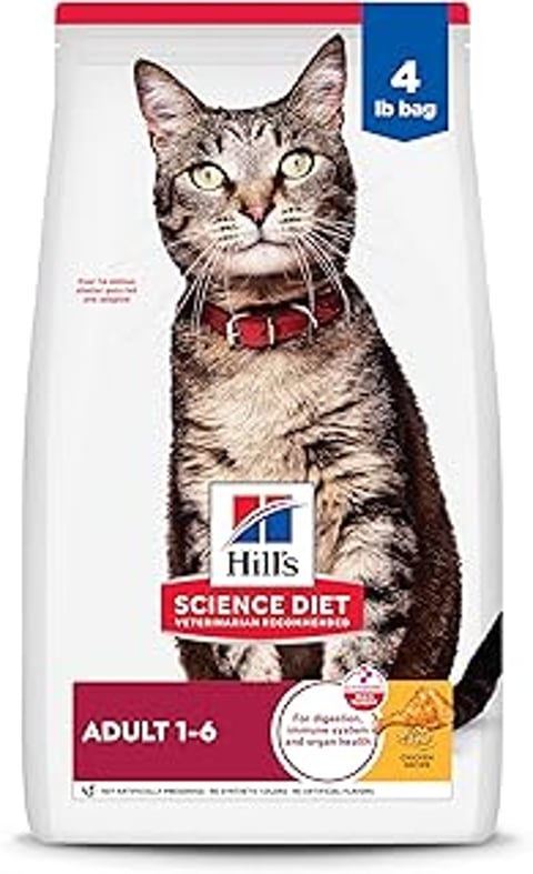 A cat with a red collar is sitting on a bag of Hill's Science Diet Adult 1 6.