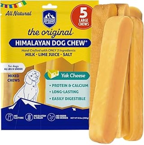 A package of Himalayan dog chew with a dog on the front.