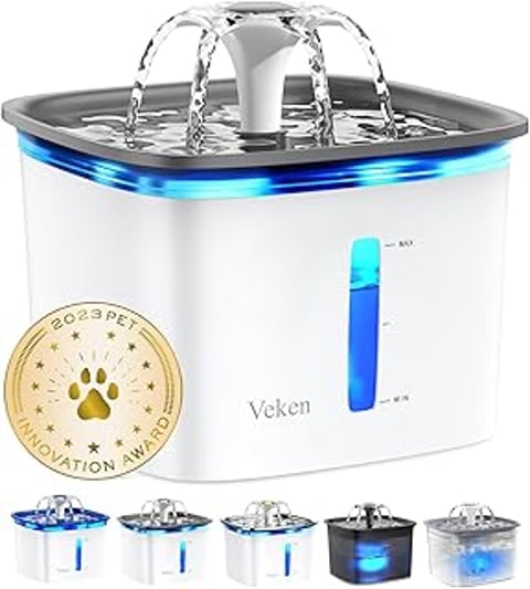 A white pet fountain with a blue water stream.