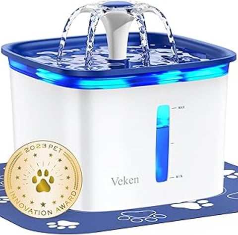 A pet water fountain with a blue and white design.