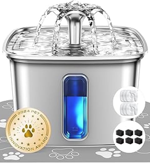 A stainless steel cat water fountain with a blue lid.