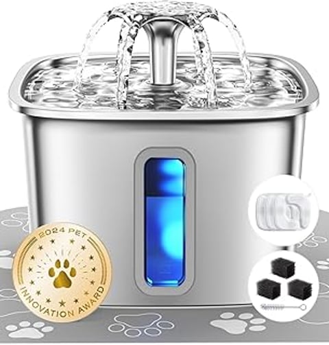 A stainless steel cat water fountain with a blue light.