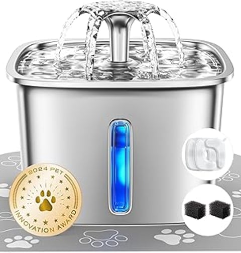 A stainless steel pet water fountain with a blue light.