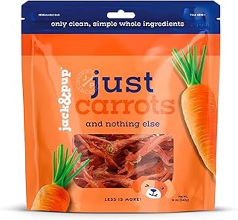 A bag of Jack & Pup Carrot Chews for dogs.