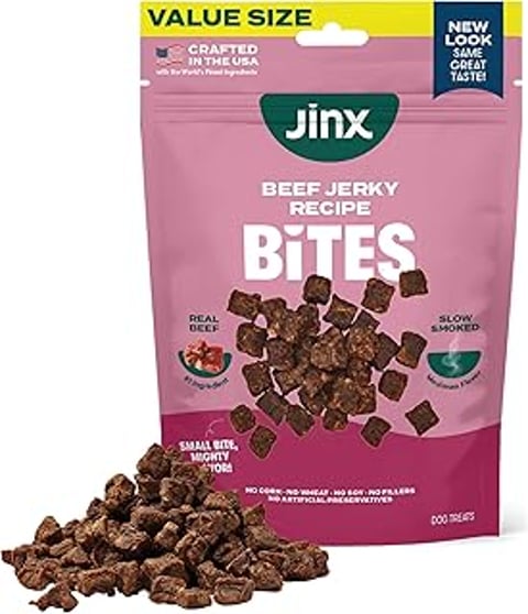 A bag of Jinx Beef Bites Jerky Dog Treats.