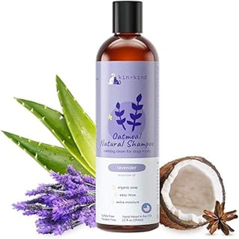 A bottle of kin+kind Oatmeal Natural Dog and Cat Shampoo.