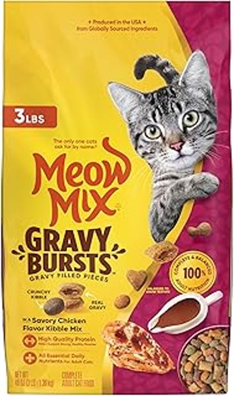 A bag of Meow Mix Gravy Bursts cat food.