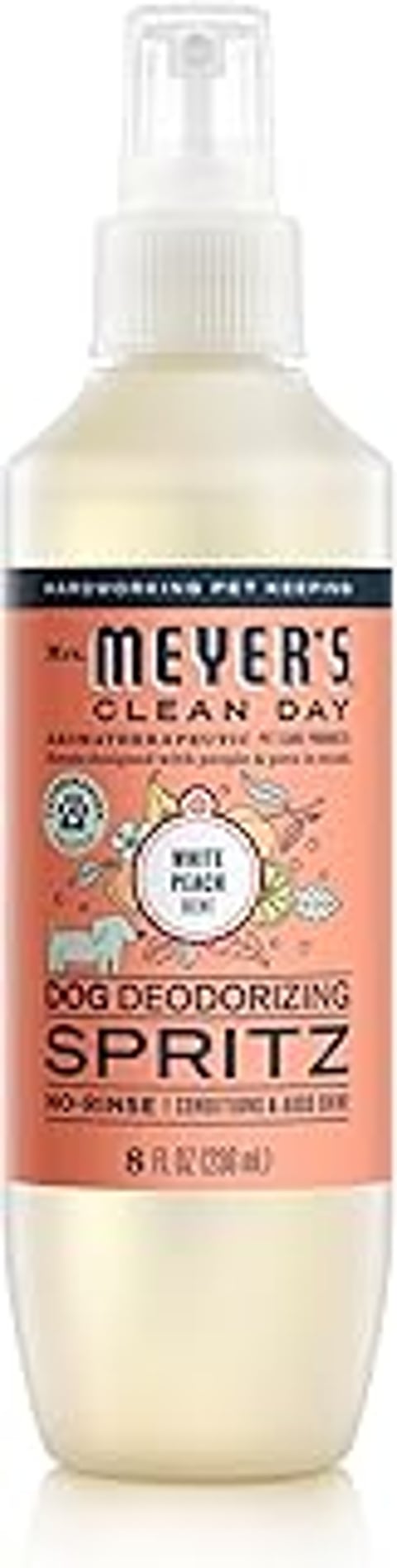 A bottle of Mrs. Meyer's Clean Day dog deodorizing spray.