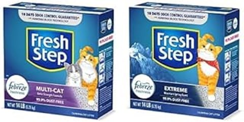 A box of cat litter with the brand name Fresh Step.
