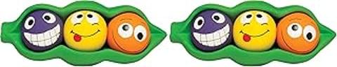 Two green pods with orange and purple faces.