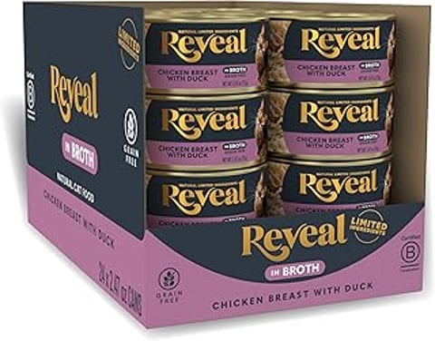 A box of Reveal cat food with chicken breast and duck.