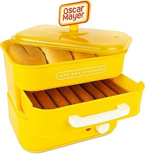 A yellow container with a hot dog steamer.
