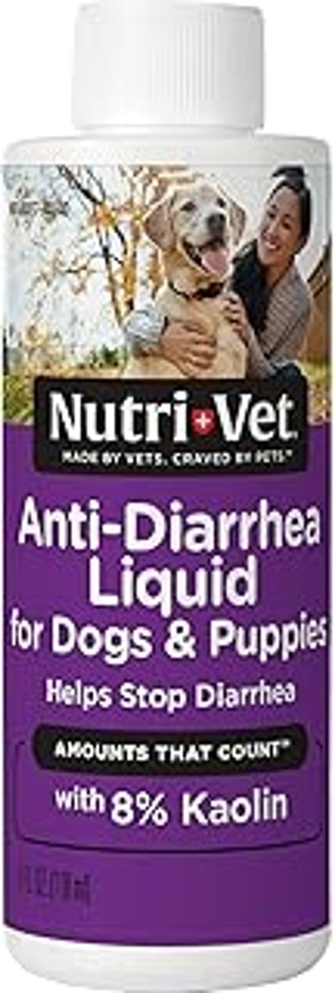 A bottle of Nutri Vet Anti Diarrhea Liquid for dogs and puppies.