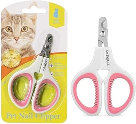 A pink and yellow pair of nail clippers.