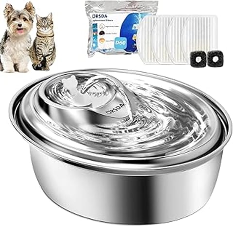 A stainless steel cat water fountain with a cat and a dog in the background.