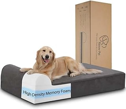 A dog is laying on a memory foam dog bed.