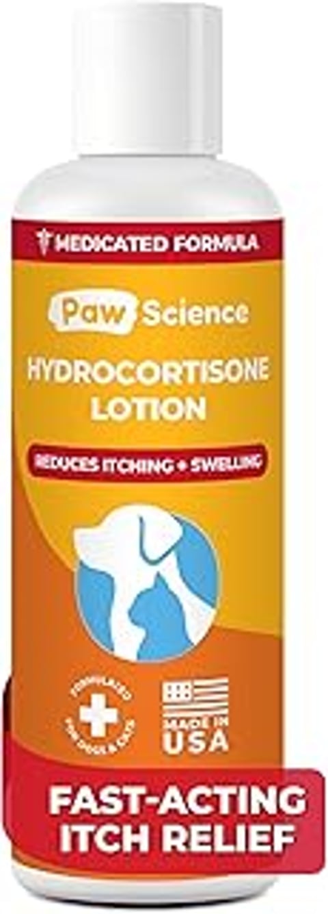 A bottle of Paw Science Anti Itch Hydrocortisone Moisturizing Lotion.