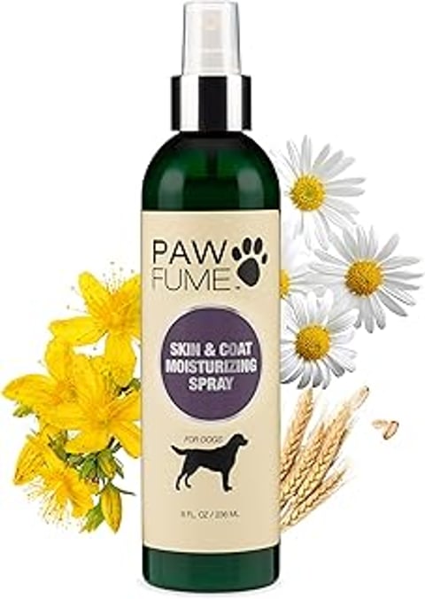 A bottle of Paw Fume Skin & Coat Detangler Spray.