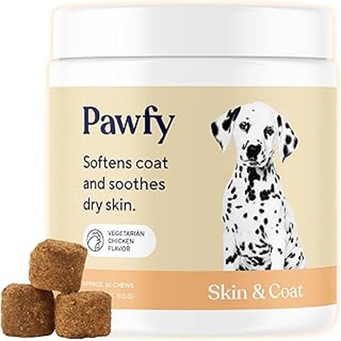 A dog food product called Pawfy Skin & Coat.