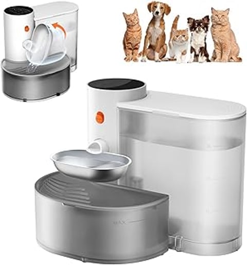 A pet water fountain with a bowl and a dispenser.
