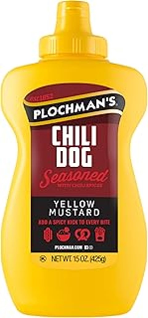 A bottle of Plochman's Chili Dog Mustard.