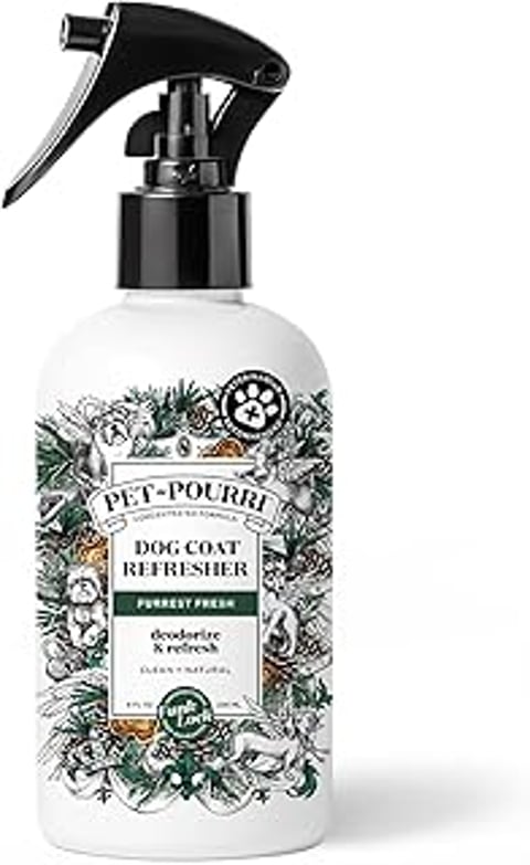 A bottle of Poo Pourri Furrest Fresh Dog Coat Refresher.
