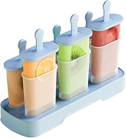 A set of six popsicle molds with different flavors.
