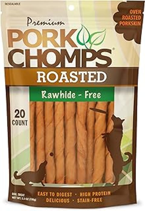 A bag of Pork Chomps Roasted Pork Skin Dog.