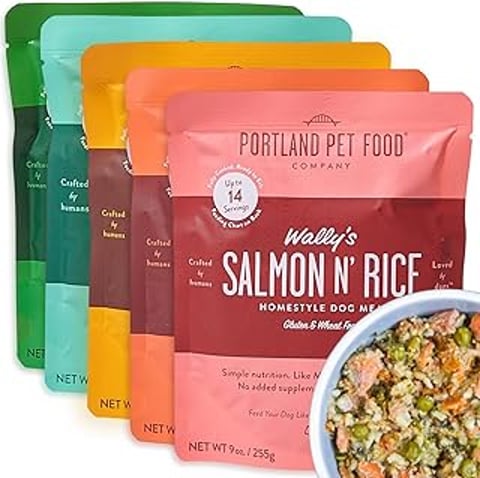 A bowl of food with the words Walley's Salmon & Rice on it.