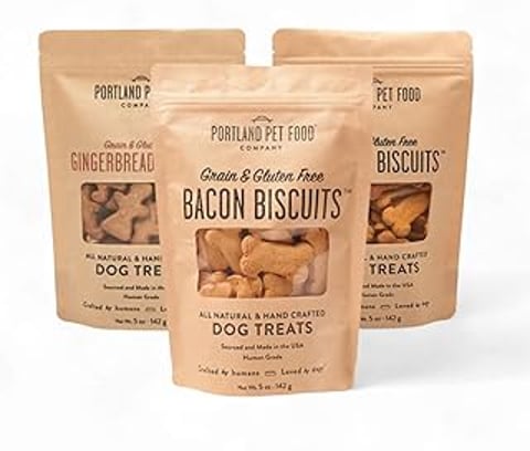 Three bags of dog treats from Portland Pet Food Company.