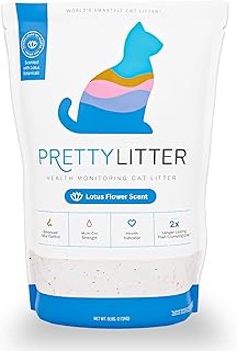 A bag of cat litter with a cat on the front.