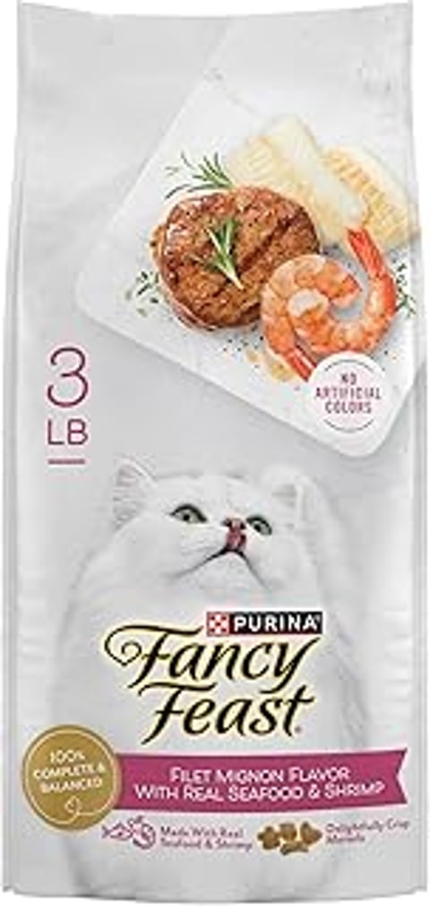 Purina Fancy Feast Dry Cat Food Filet Mignon Flavor with Seafood and Shrimp - 3 lb. Bag.