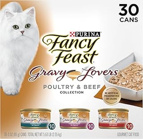 Purina Fancy Feast Gravy Lovers Poultry and Beef Grilled Gourmet Wet Cat Food Variety Pack - (Pack of 30) 3 oz. cans.
