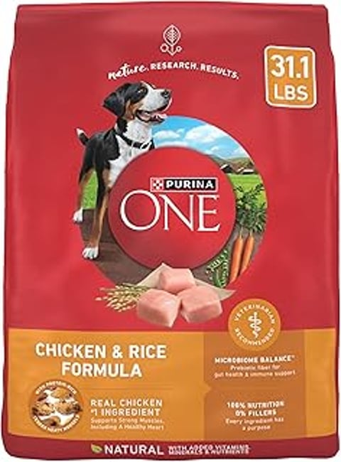 Purina ONE Chicken and Rice Formula dog food.