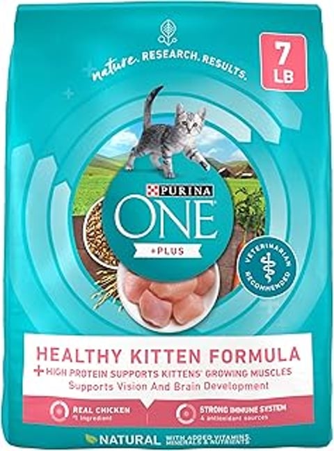 Purina ONE Healthy Kitten Formula is a high protein cat food.