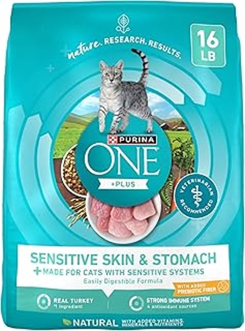 Purina ONE Sensitive Skin and Stomach Cat Food.