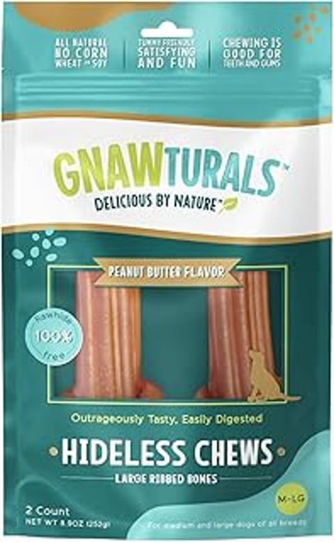 A bag of Gnaw Naturals Peanut Butter Flavored Rawhide Free Dog Chews.