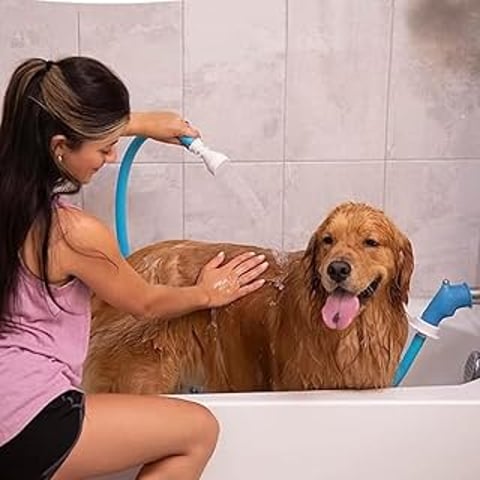 A woman is washing a dog in a bathtub.