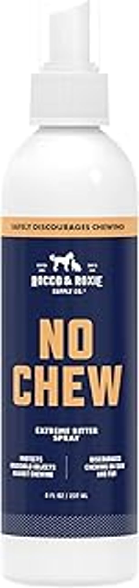 A bottle of Rocco and Roxie No Chew Spray for Dogs.