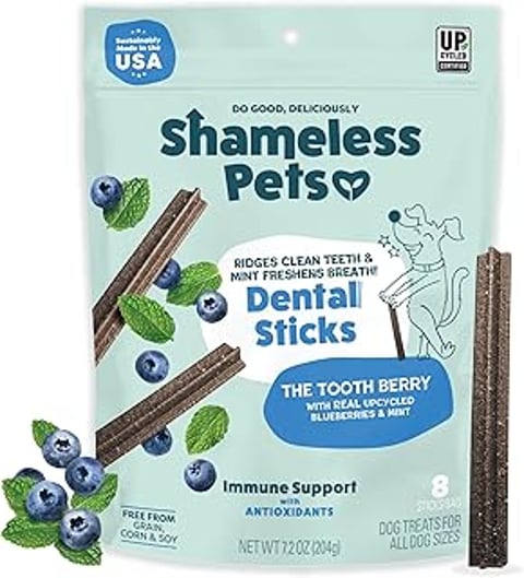 A bag of Shameless Pets Blueberry & Mint Dental Sticks.