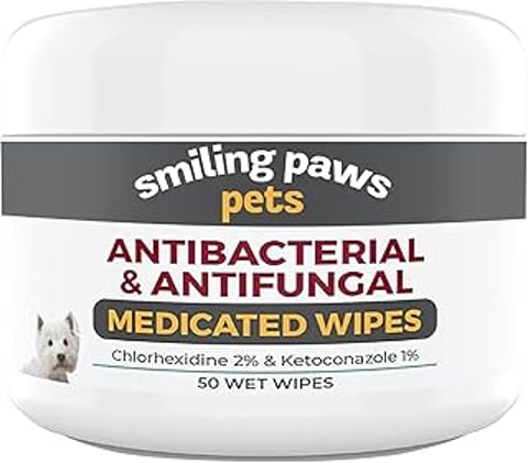 A tube of Smiling Paws Antibacterial & Antifungal Wipes for dogs and cats.