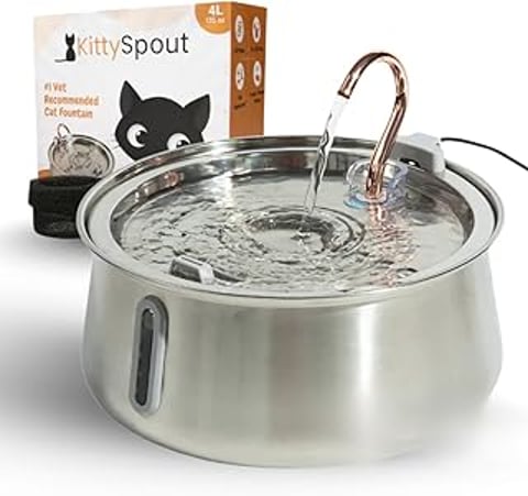 A stainless steel cat water fountain with a cat on the side.