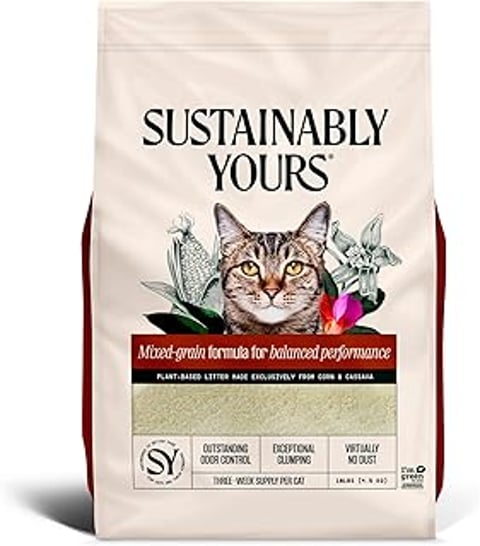 A bag of Sustainably Yours cat litter.